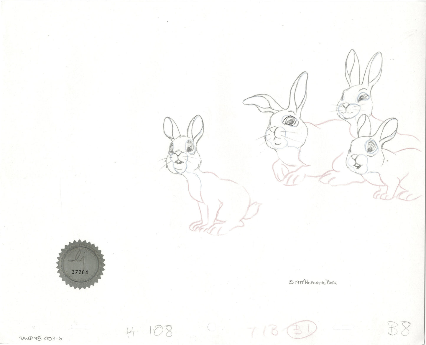 Watership Down 1978 Production Animation Cel Drawing with Linda Jones Enterprise Seal and Certificate of Authenticity 007-006