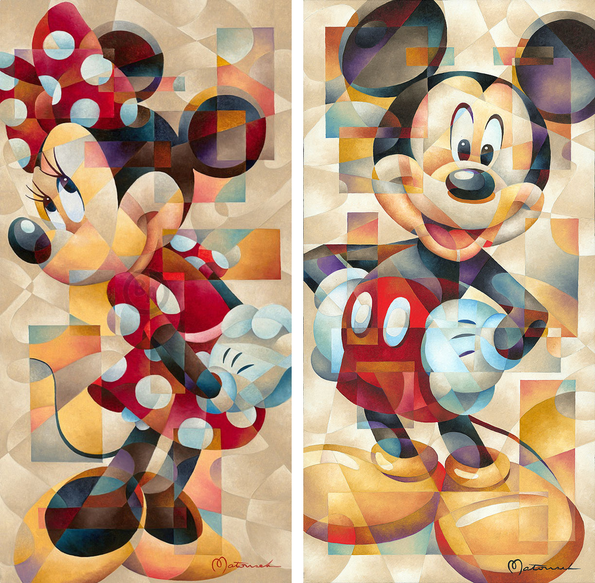 2 LOT Mickey Mouse and Minnie Mouse Walt Disney Fine Art Tom Matousek Signed Limited Editions of 195 on Canvas - Poses