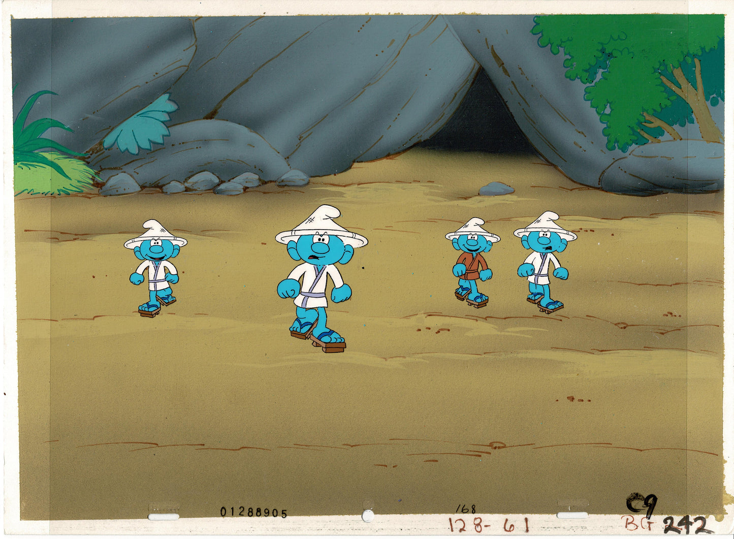 The Smurfs Production Animation Cel and Background OBG Hanna Barbera 1980s Peyo