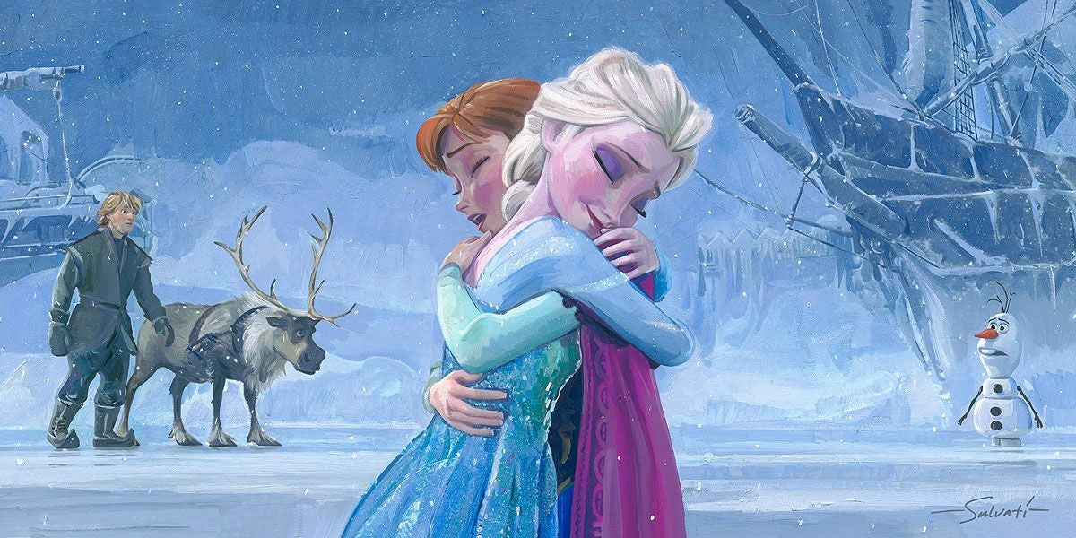 Frozen Walt Disney Fine Art Jim Salvati Signed Limited Edition of 195 on Canvas "Warmth of Love" with Anna Elsa Olaf and more! OH